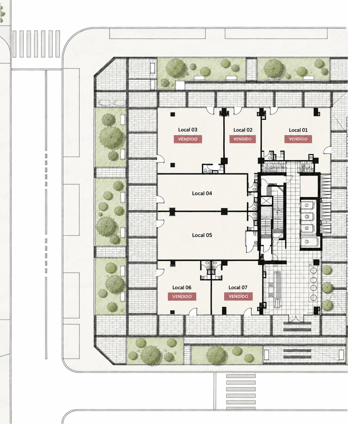 Plano referencial de locales comerciales de Edificio Q: locales 04 y 05 disponibles; locales 01, 02, 03, 06 y 07 vendidos